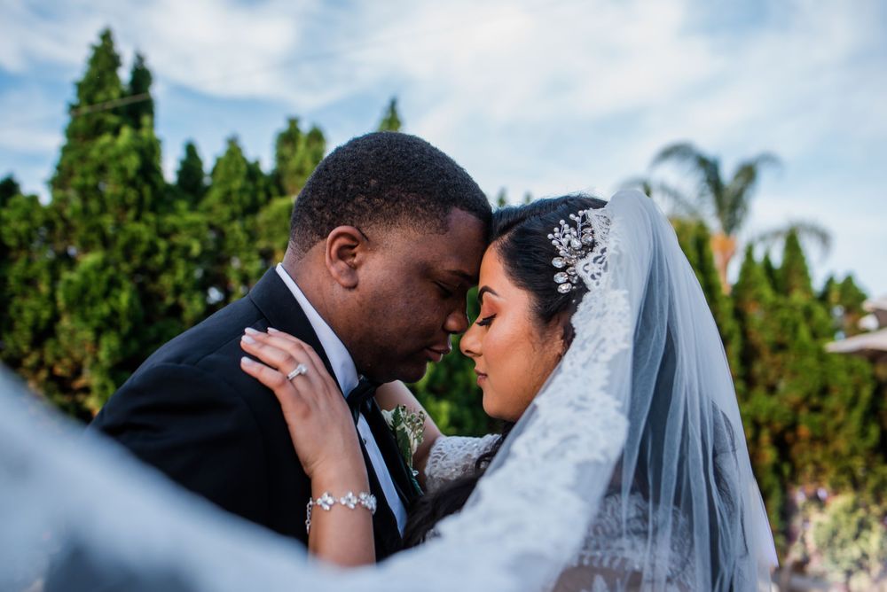 bride's veil and groom portrait