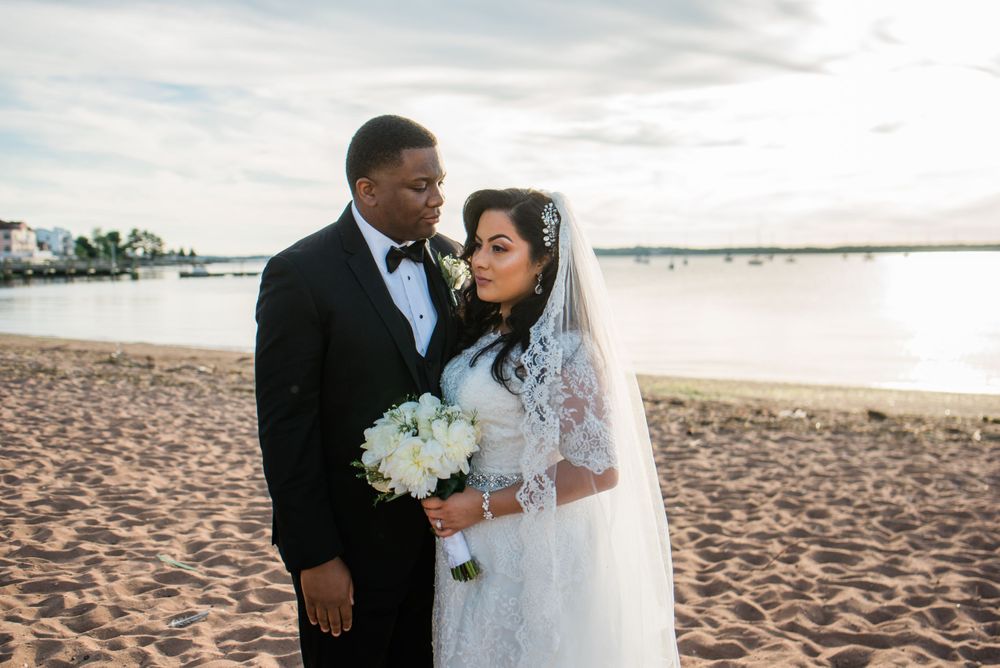 bride and groom portrait at the beach