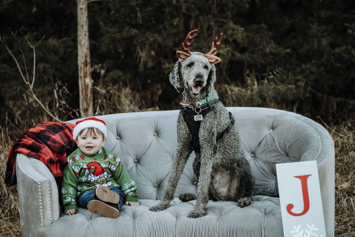 Holiday family photos with white tufted couch and buffalo plaid decor.