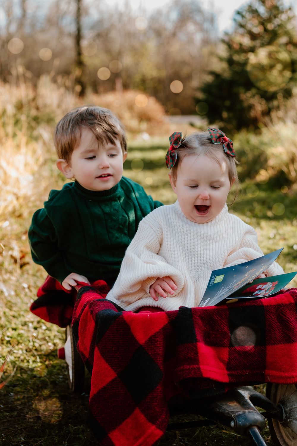 Two small children sit on a red buffalo plaid blanket sharing joyful expressions.