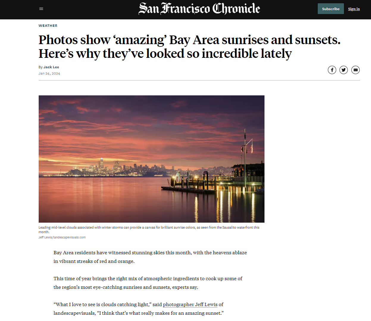 San Francisco Chronicle article showcasing stunning Bay Area sunset photograph with harbor lights.