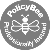 A circular gray and white logo showing a stylized bee design with text 'PolicyBee Professionally Insured'.
