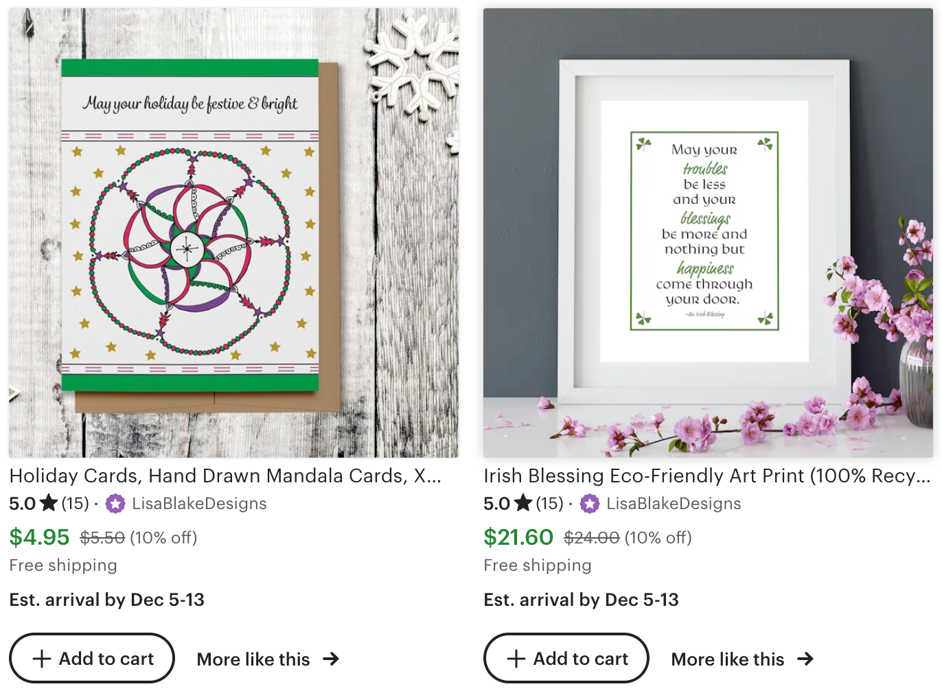 Image of Star Seller Badge appearing next to Lisa Blake Designs shop in the Etsy search results.