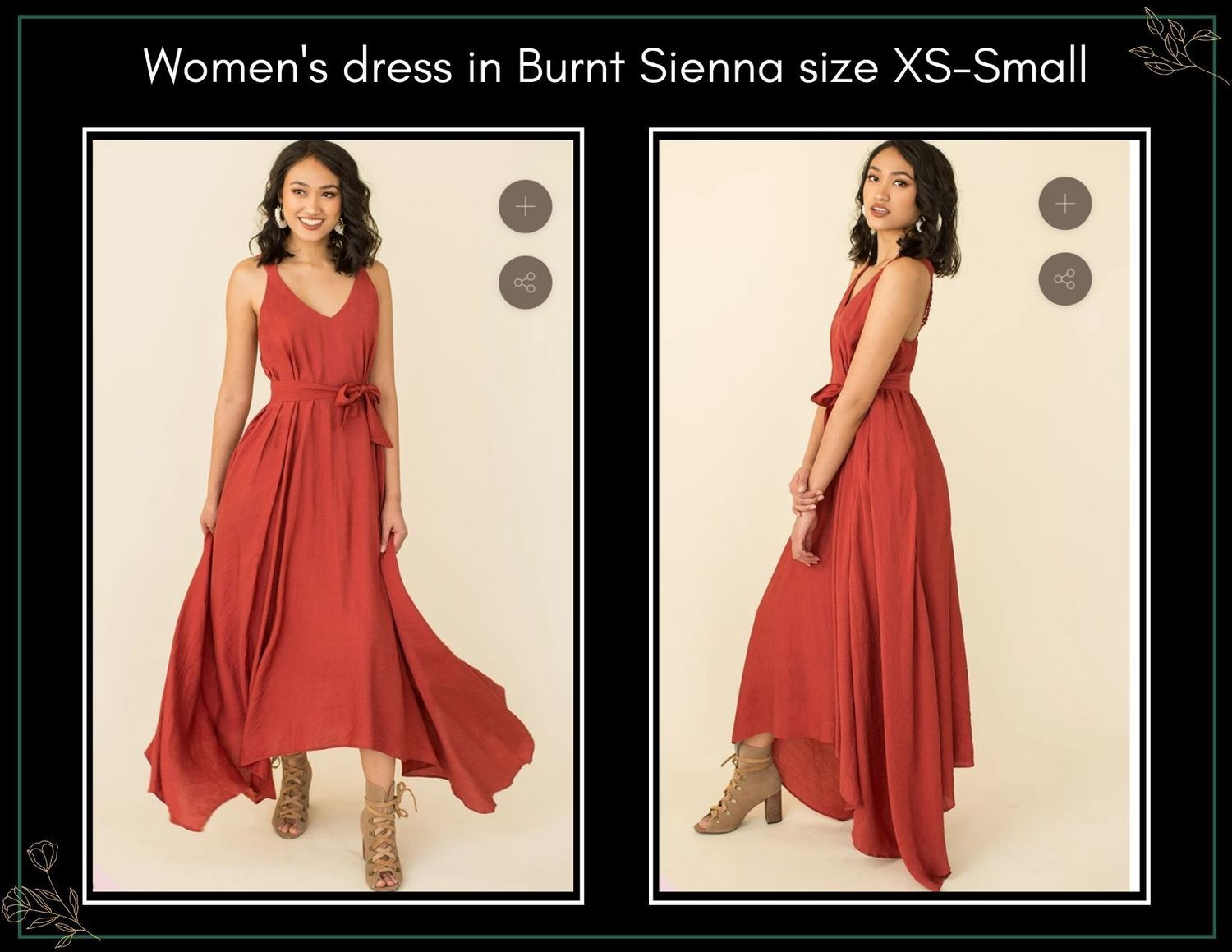 Women's burnt sienna sleeveless wrap maxi dress with tie waist, shown in front and back views, size XS-Small.