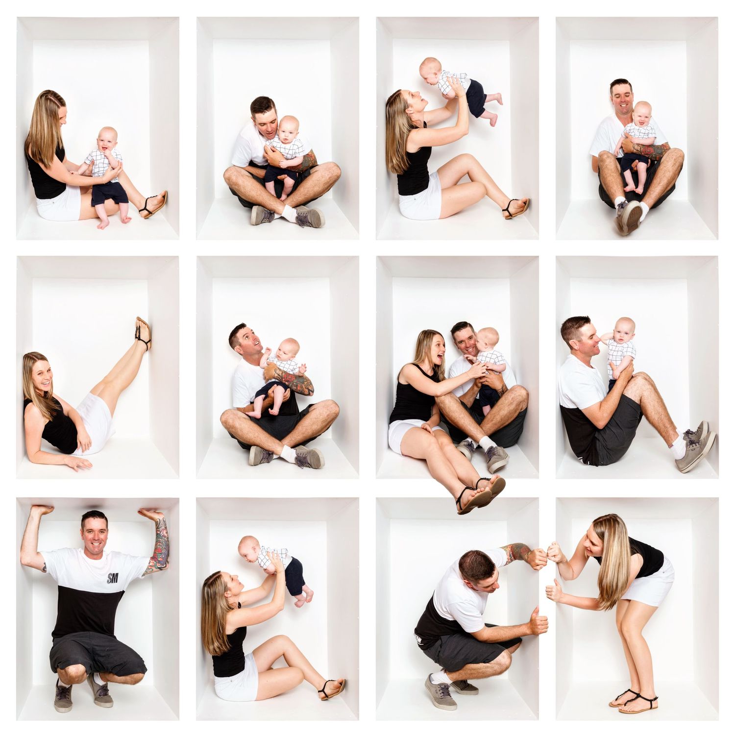 Series of intimate family moments captured in white studio setting.