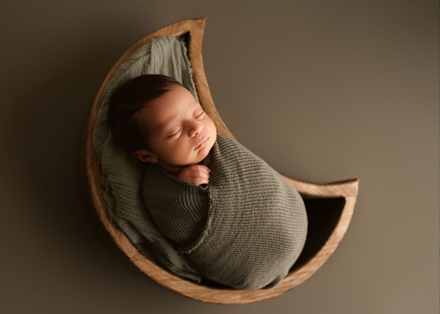 moreno valley newborn photographer, baby boy asleep in wooden moon prop