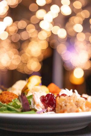 Elegant plated dish with garnish under warm ambient lighting.