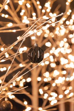 Black Christmas ornament hanging on illuminated branch with bokeh lights in background.