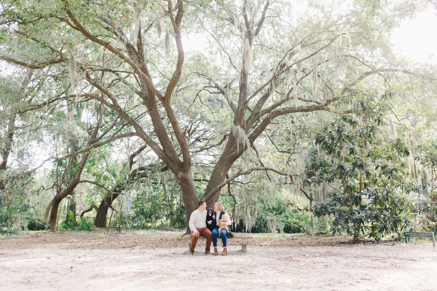 Honey Horn wedding clients return for family photography enjoying quiet moment under sprawling oak trees in natural setting with new baby.