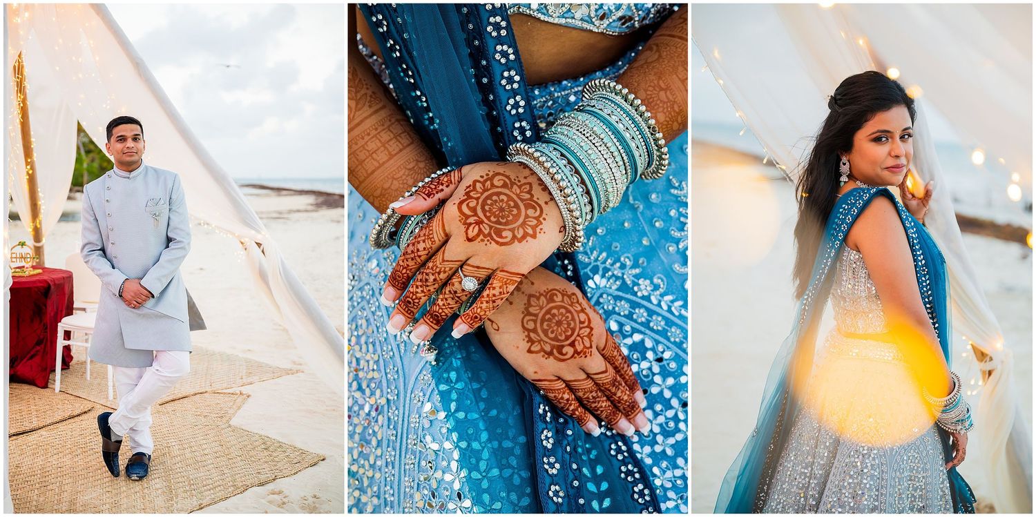 Indian wedding detail shots showing traditional attire, henna designs and celebration elements.