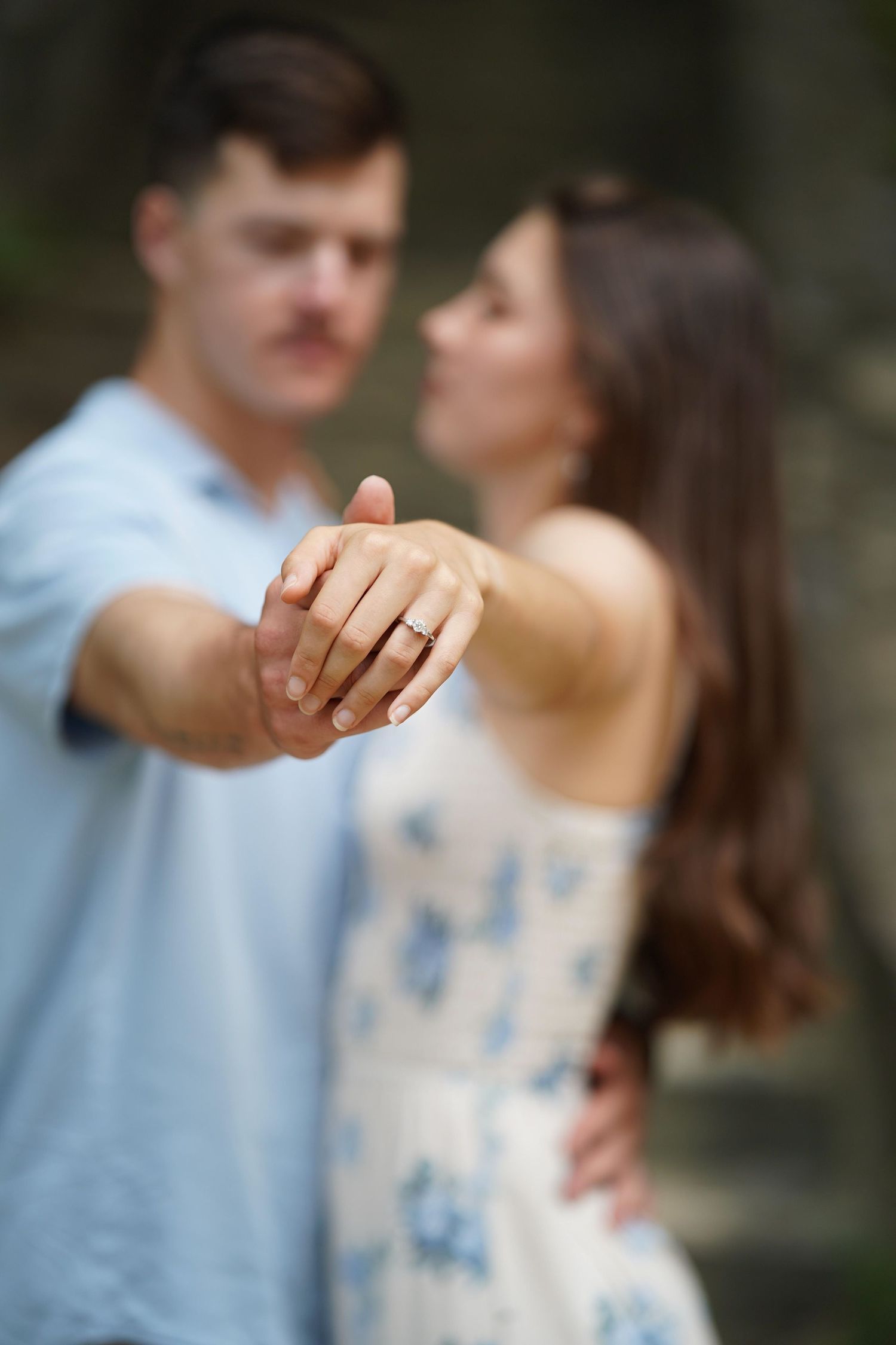 Engagement photo series showing couple and ring in soft focus.