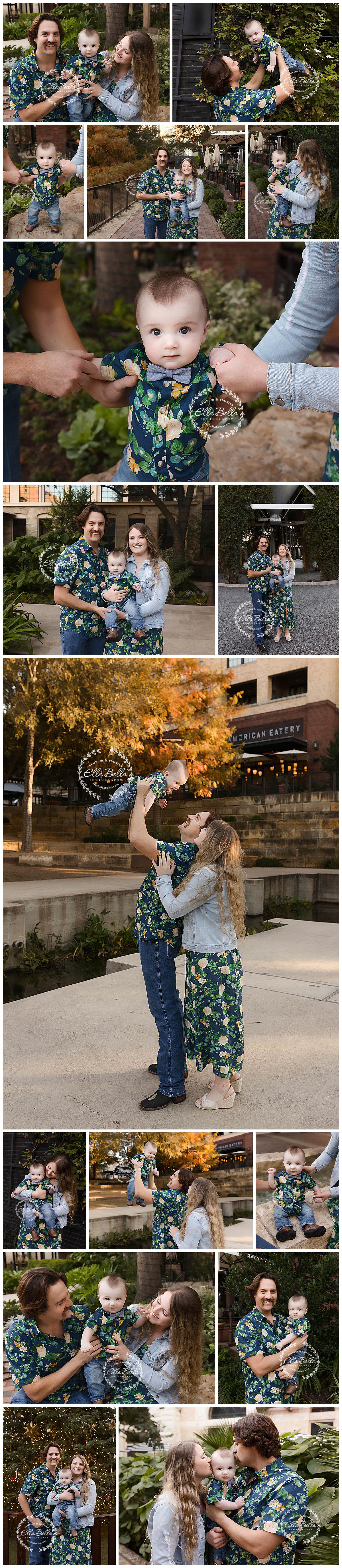 Candid family photos featuring baby in floral outfit during outdoor autumn photoshoot.