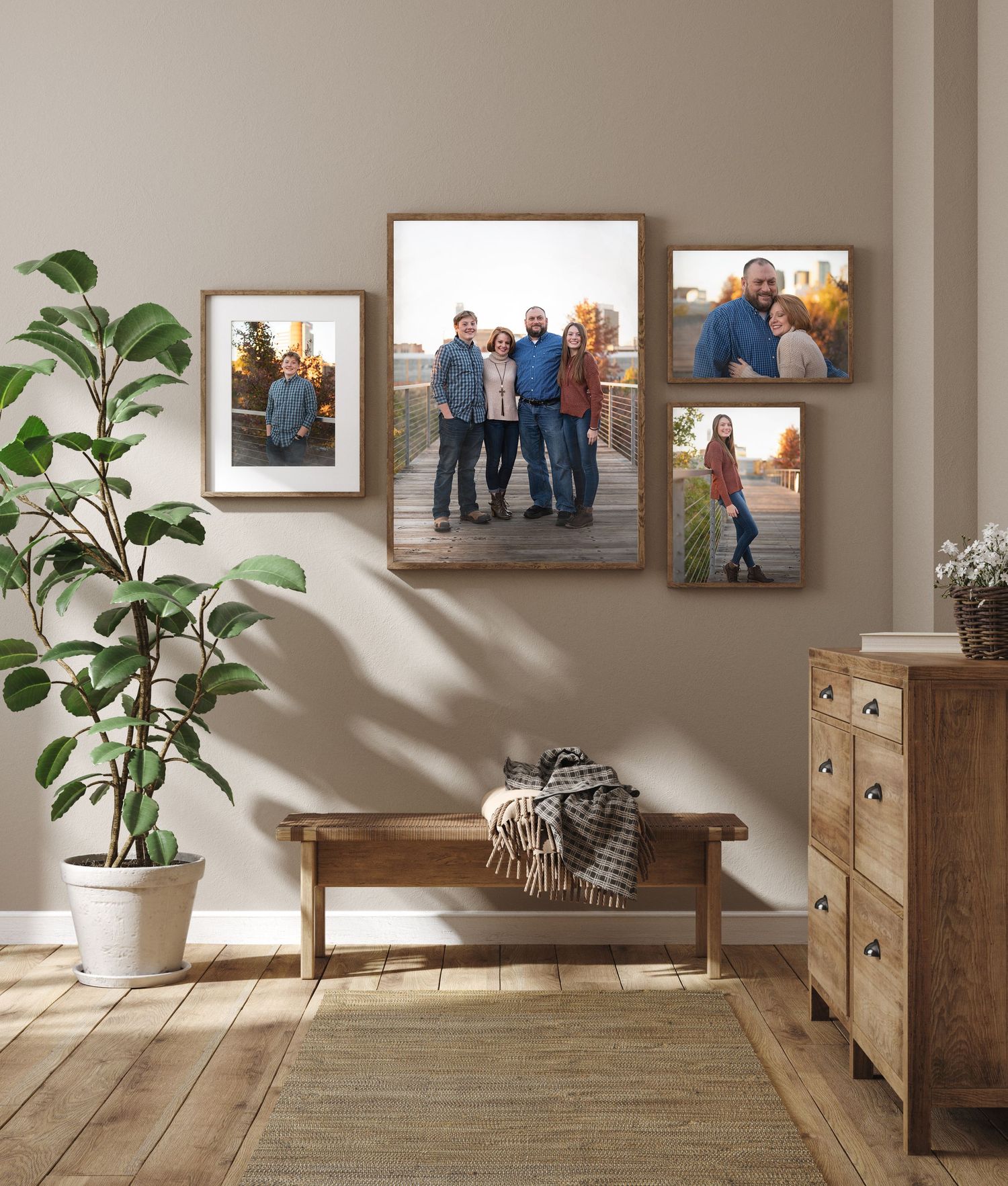 four portrait wall grouping on wall from family session at Railroad Park, Birmingham