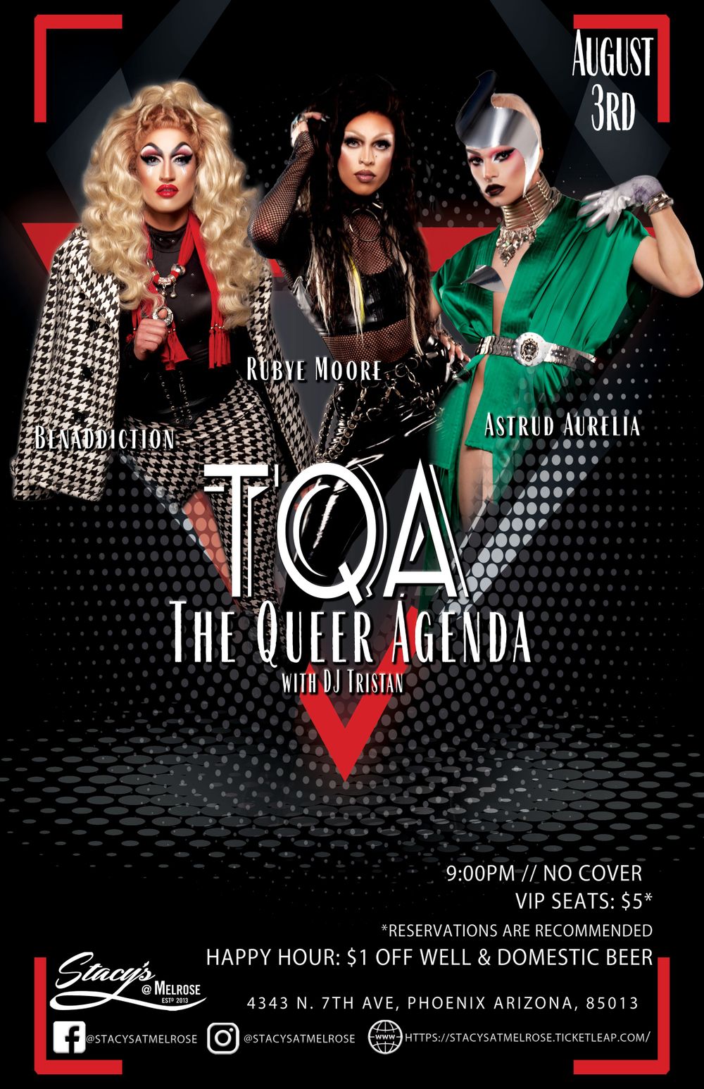 Flyer for 'The Queer Agenda' drag show, featuring art and graphic design, an example poster from Phoenix, AZ, by Big Click Energy.