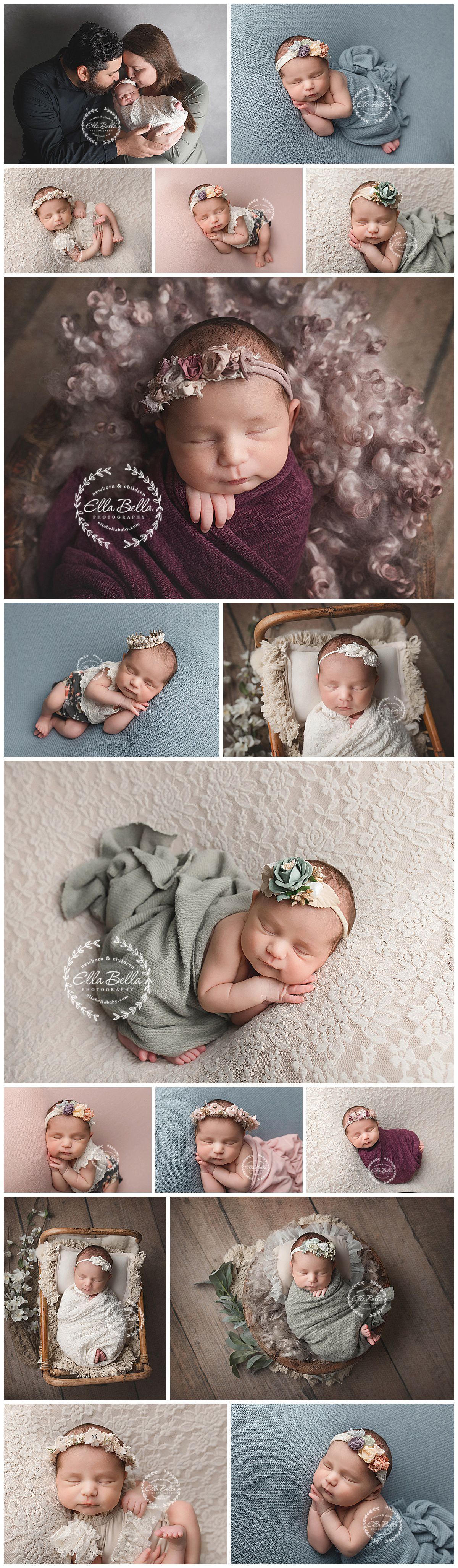 Professional newborn photo collection featuring baby in various poses with floral headbands and soft wraps.
