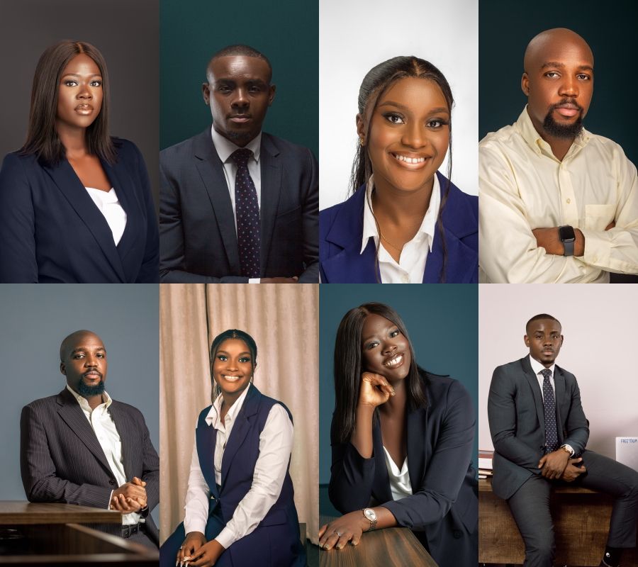 Professional headshots and portraits of business professionals in formal attire against various backgrounds.