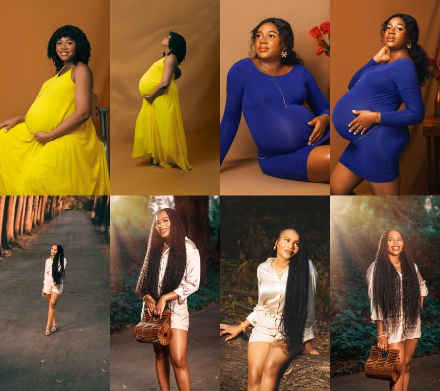 Maternity photo shoot series showing woman in yellow and blue dresses with both studio and outdoor settings.
