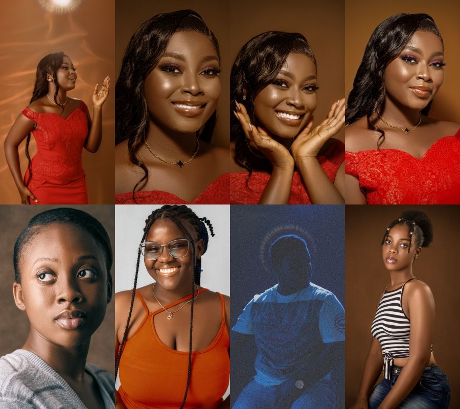 Portrait series featuring poses in red outfits and casual wear against warm-toned backgrounds.
