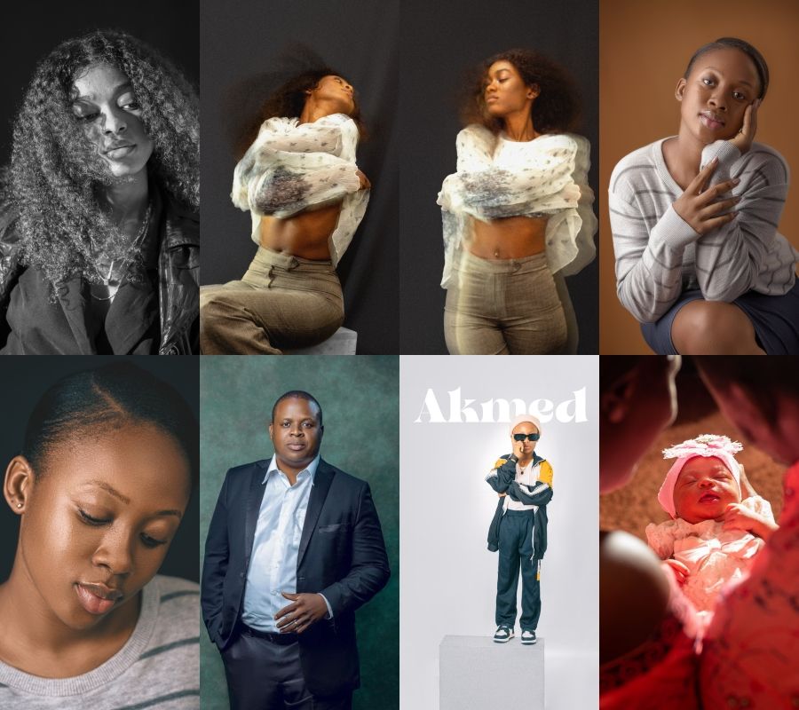 Artistic portrait photography collection featuring various poses and lighting styles in studio setting.