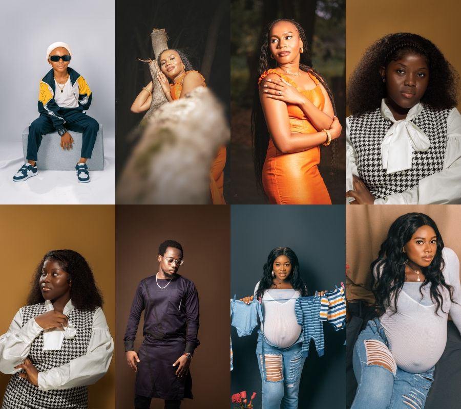 Fashion lifestyle portraits featuring casual and trendy outfits in various indoor studio settings.