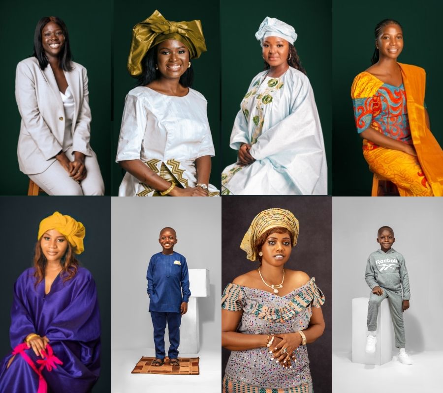 Portrait collection showing traditional and modern fashion with colorful headwraps and elegant clothing.
