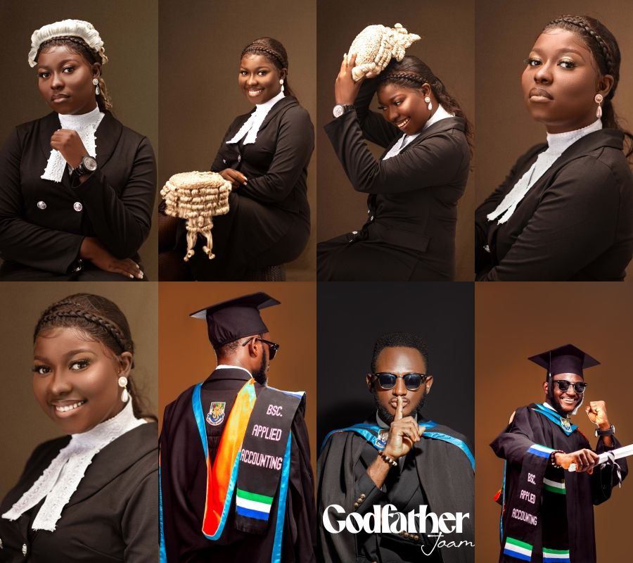 Graduation and legal profession photoshoot featuring academic regalia and barrister attire.