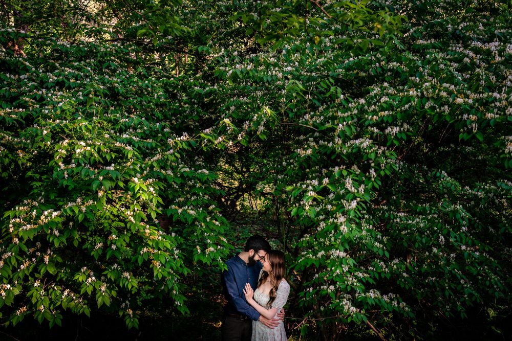 A couple shares an intimate moment surrounded by lush green foliage.