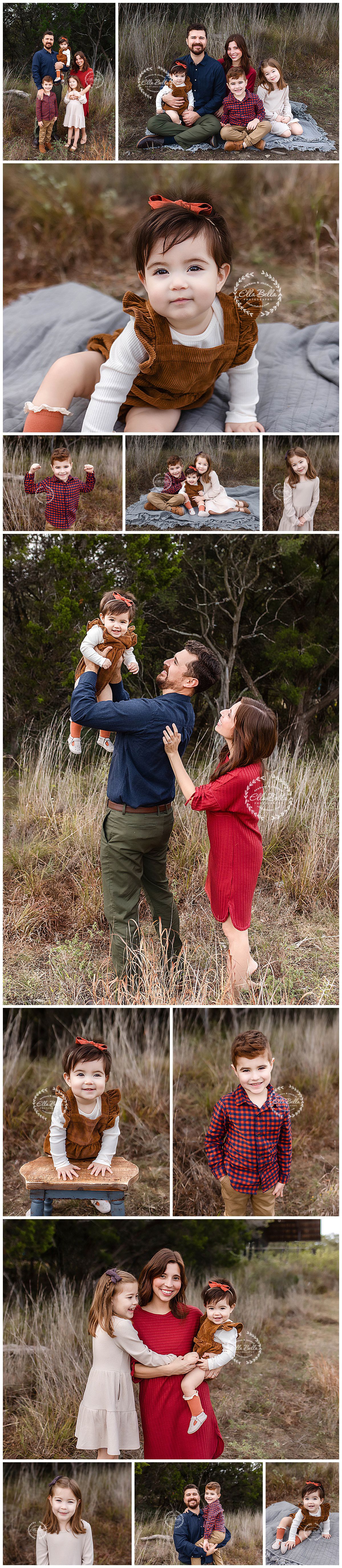 A collection of outdoor family portraits featuring casual fall outfits and natural backdrops.