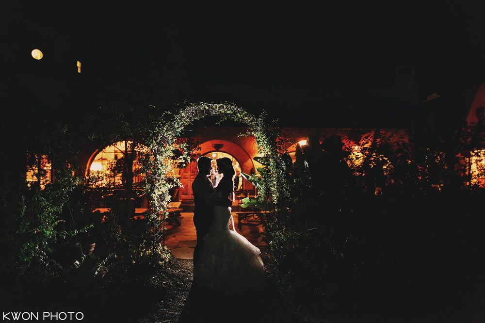 Romantic night portrait in the courtyard. Mountain Mermaid Topanga wedding by KWON PHOTO