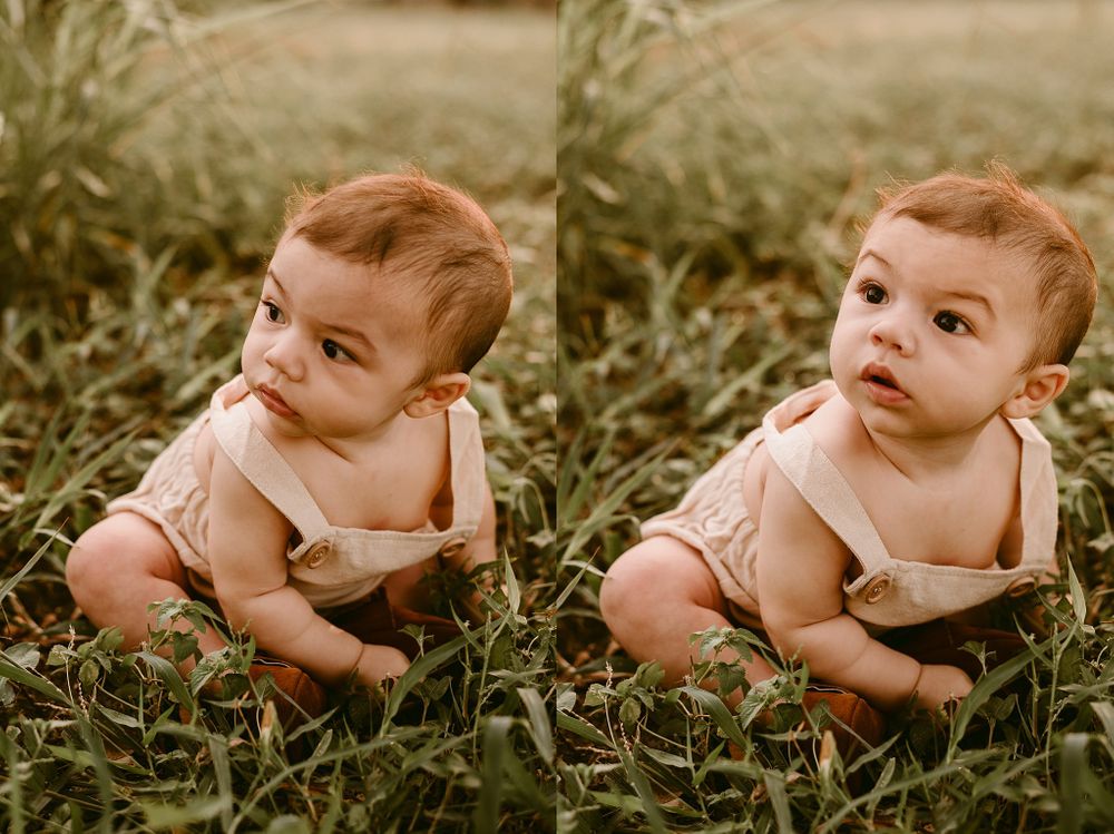 Two expressions of baby in tan overalls sitting in grass during outdoor photoshoot.