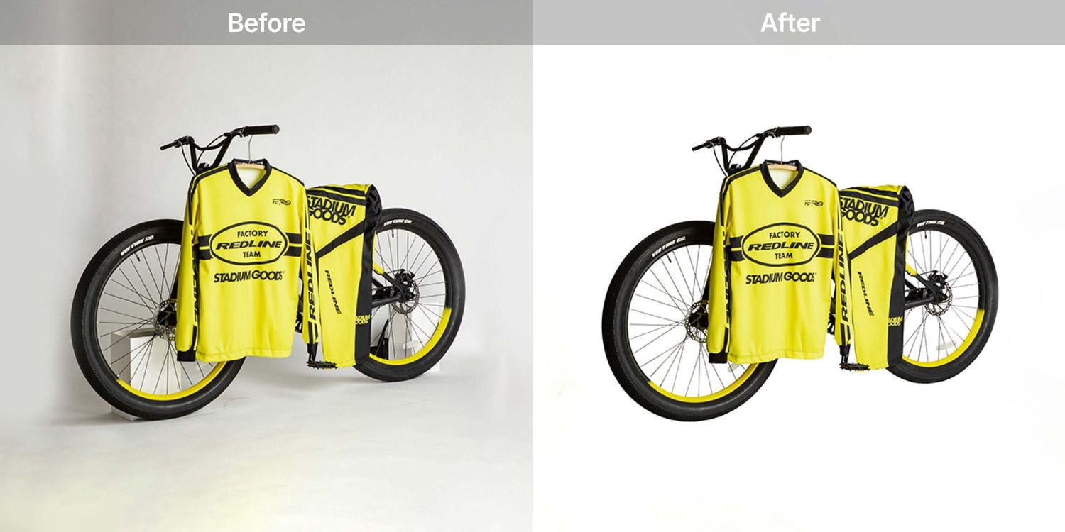 Before and after product photography comparison of yellow bicycle against white background.