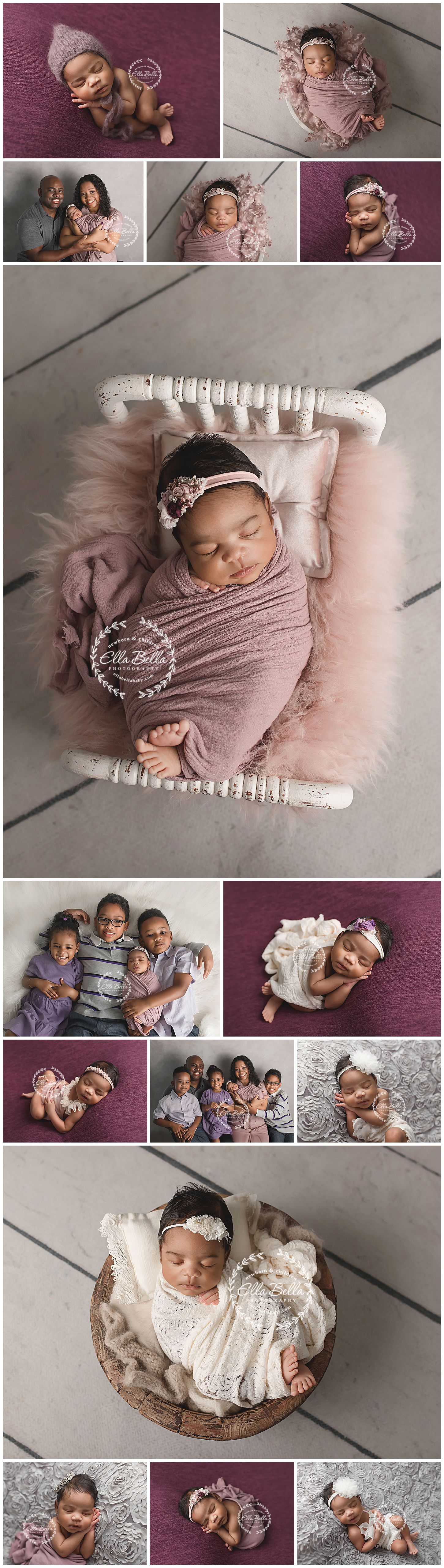 Elegant newborn photo collection with purple and pink tones and family portraits.