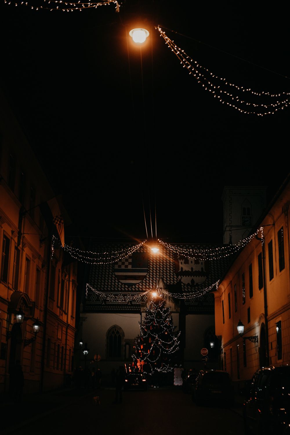 String lights hanging over a dark street with a decorated Christmas tree in the distance.