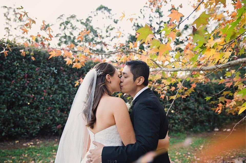 Bride and groom kissing under autumn leaf tree at Mount Tamborine wedding