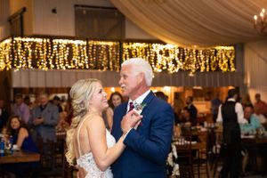 Emotional father-daughter dance moment under warm string lights at wedding reception.
