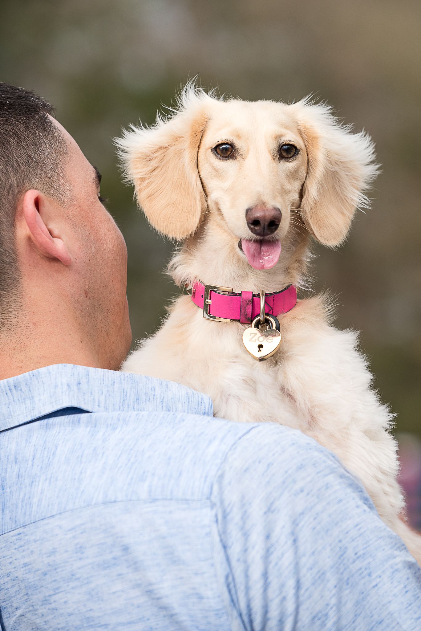 Man holding dachshund over his shoulder
