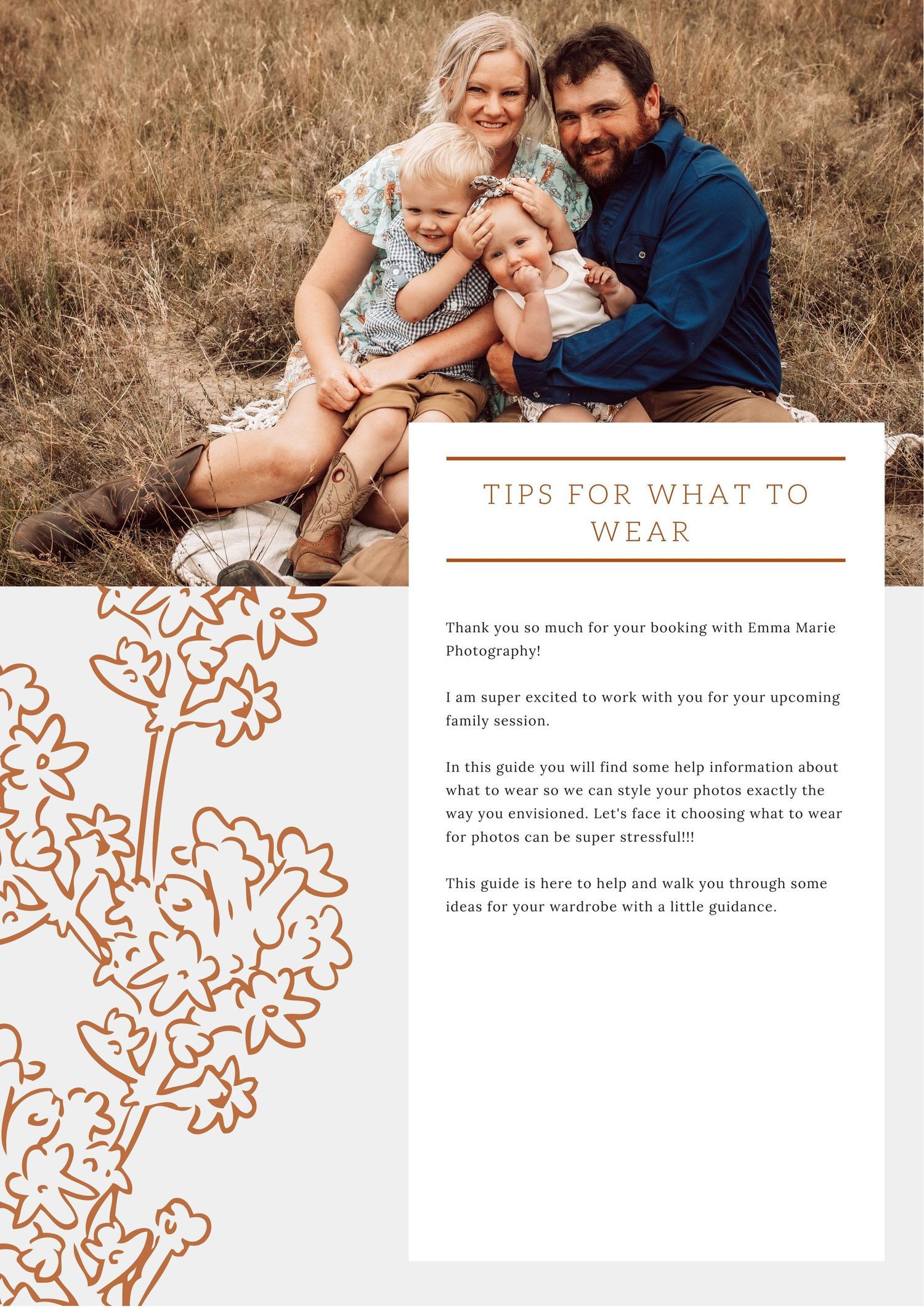 Photography client guide pages showing warm brown floral designs and session preparation tips.