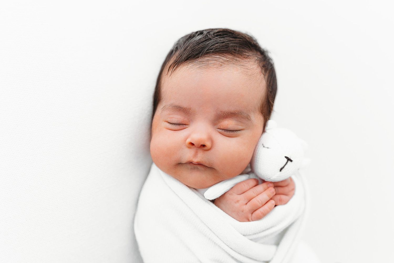 Sleeping newborn wrapped snugly in white swaddle with tiny stuffed toy.