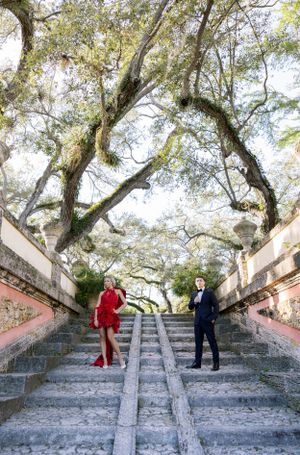 Couple in formal attire stand apart on classic stone steps framed by moss-covered trees.