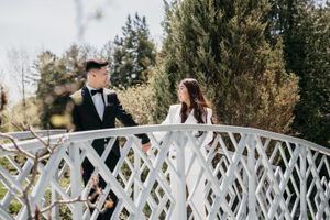 Groom and Bride holding hands running above a bridge