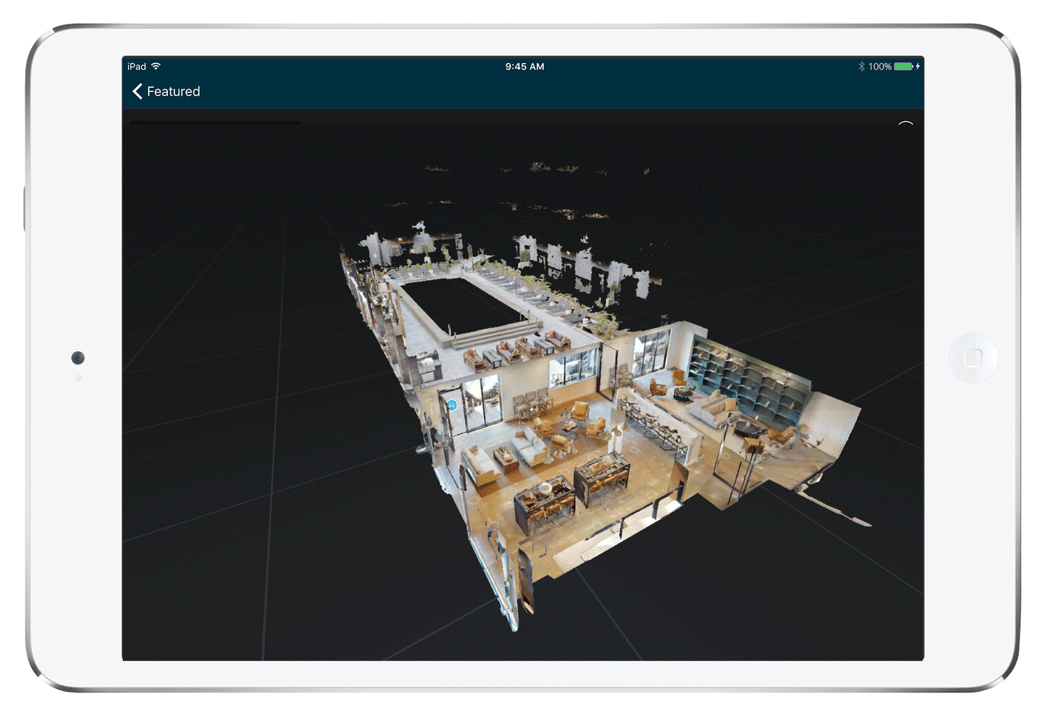 A dollhouse view from a Matterport 3D virtual tour of a Columbus Ohio apartment pool and amenities room.