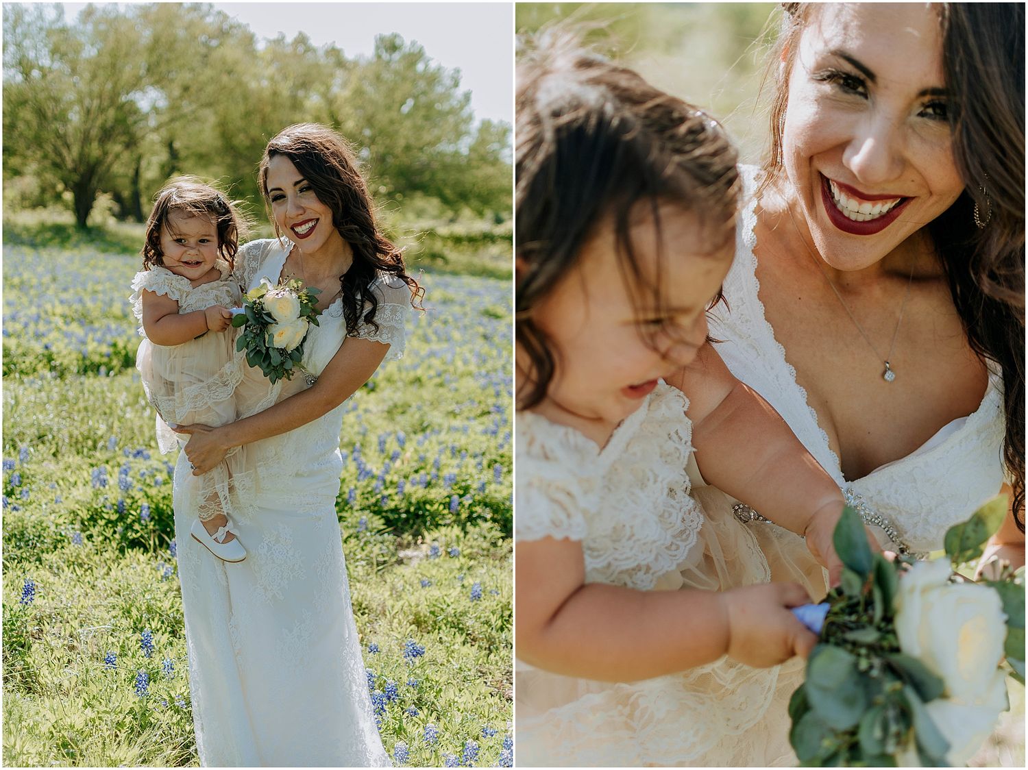 Candid moments shared during outdoor wedding photoshoot in blooming spring field.