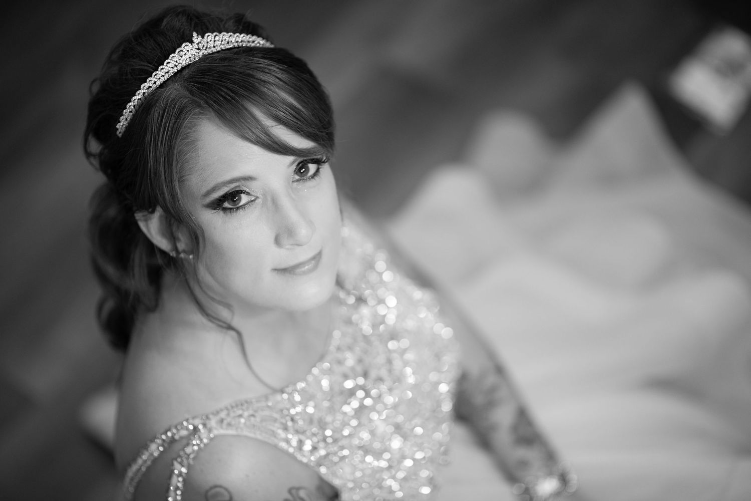 A bridal portrait with sparkly details in elegant black and white.