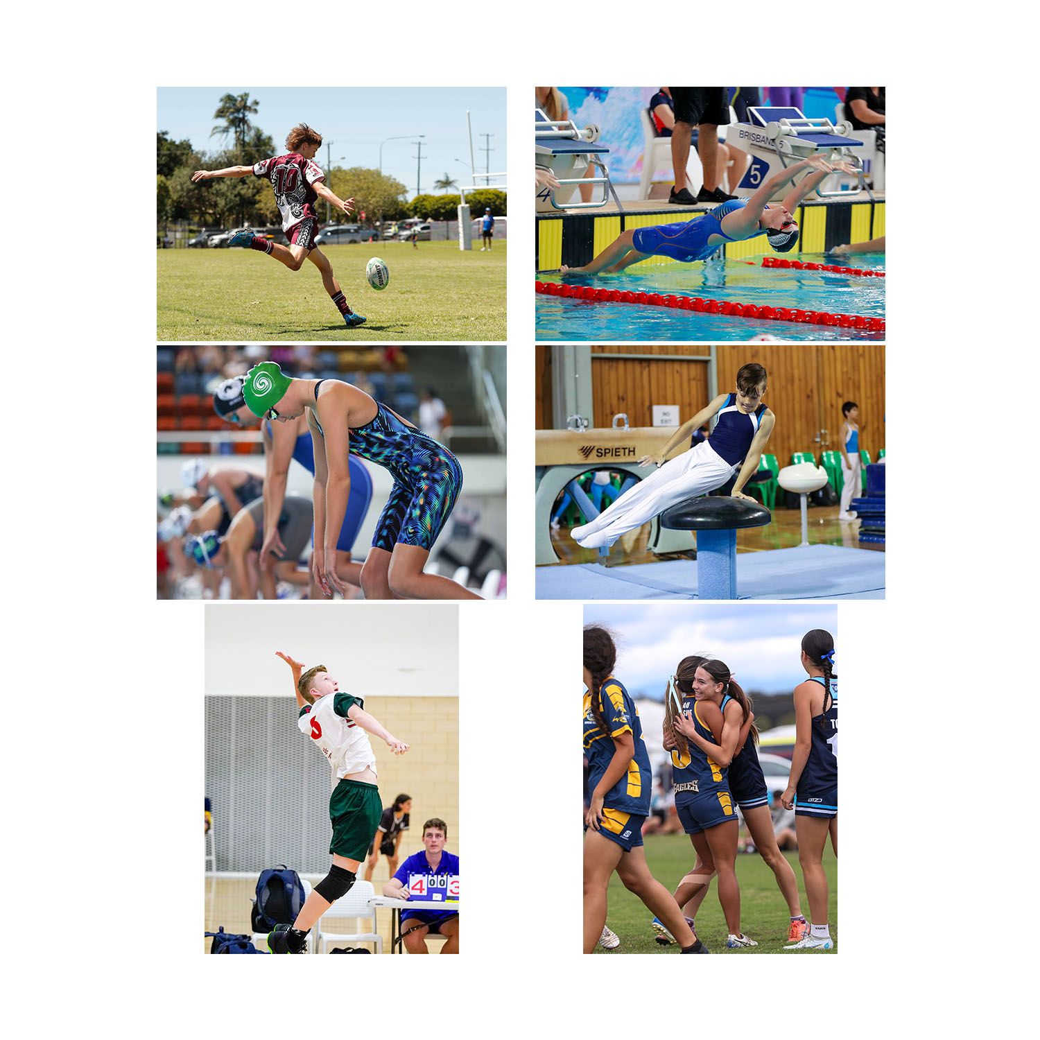 Grid of six dynamic sports action shots showing athletes competing in various athletic events.
