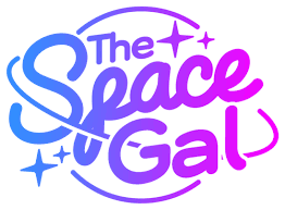 A modern retro-style logo design featuring the text "The Space Gal" with sparkle elements in blue and purple colors.