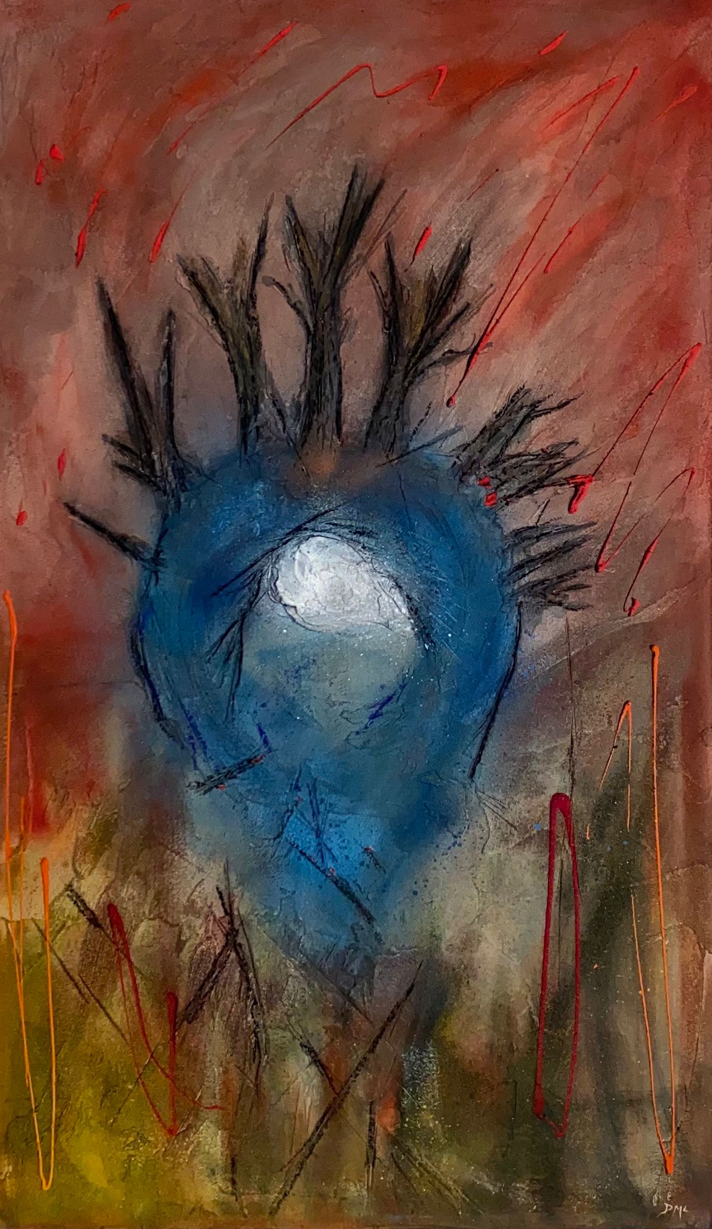 Heart 2, mixed media painting on canvas. Blue heart on a red, gashed background.