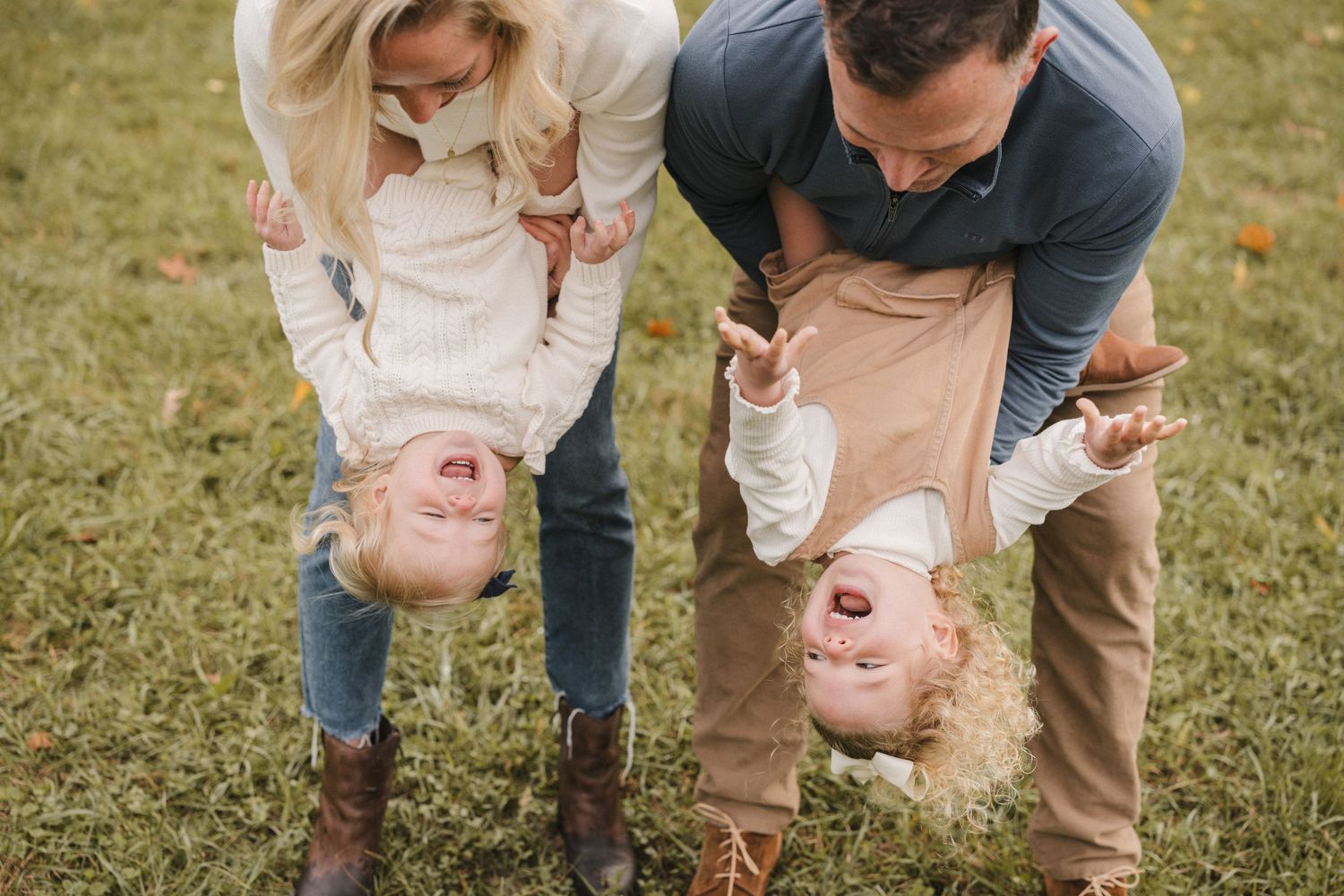family of four. fall outfits and laughing kids playing in in LaGrange, IL.