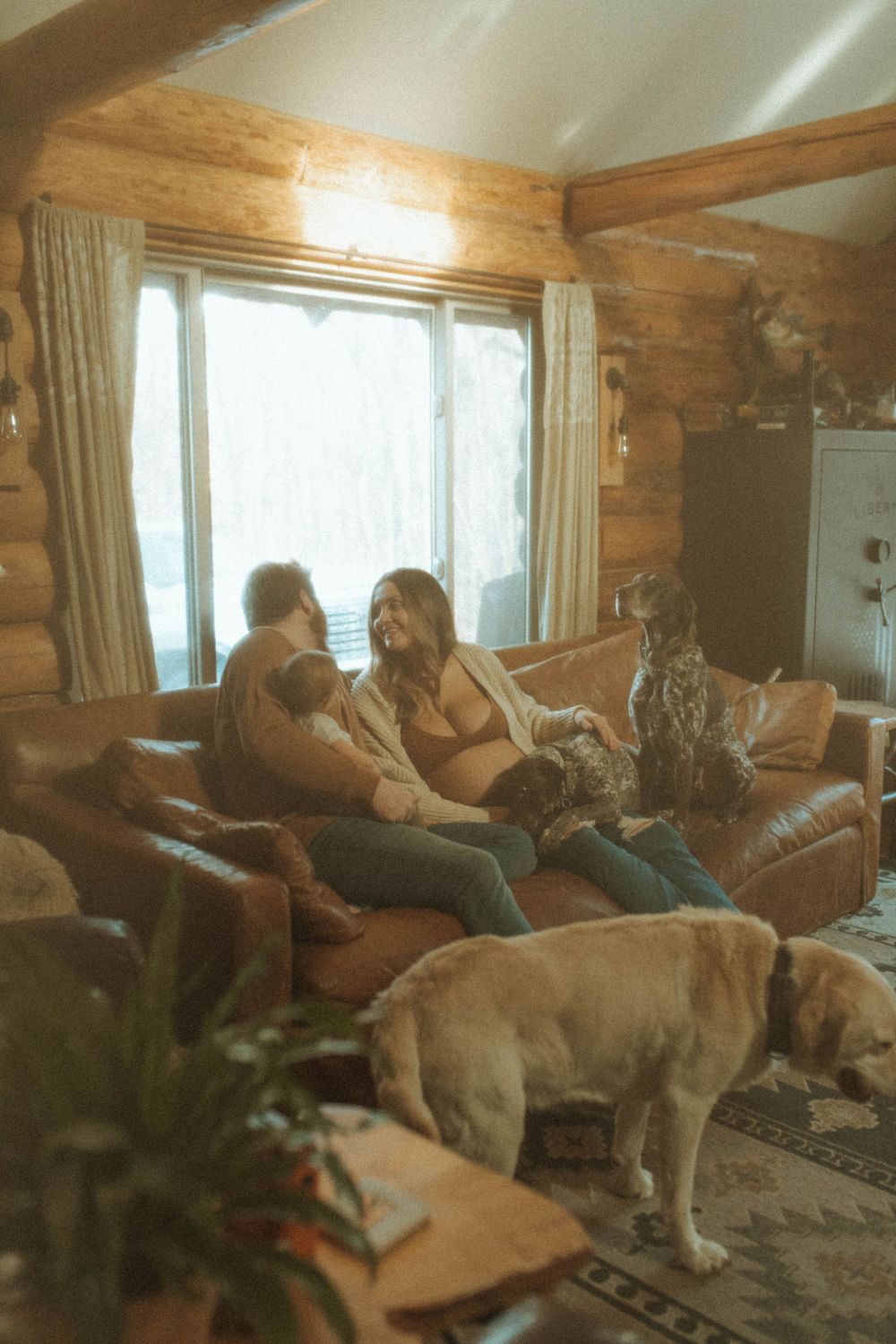 Couple relaxing on brown leather couch in cabin with dogs nearby.