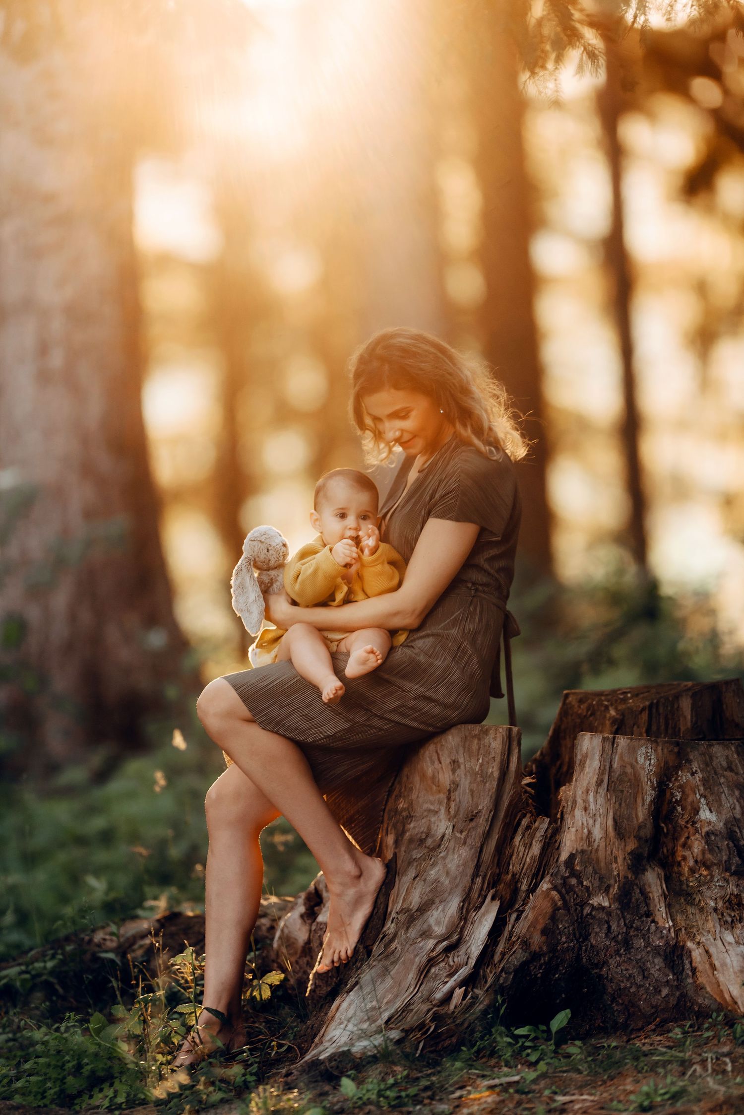 A peaceful moment between parent and baby sitting on a tree stump at sunset.