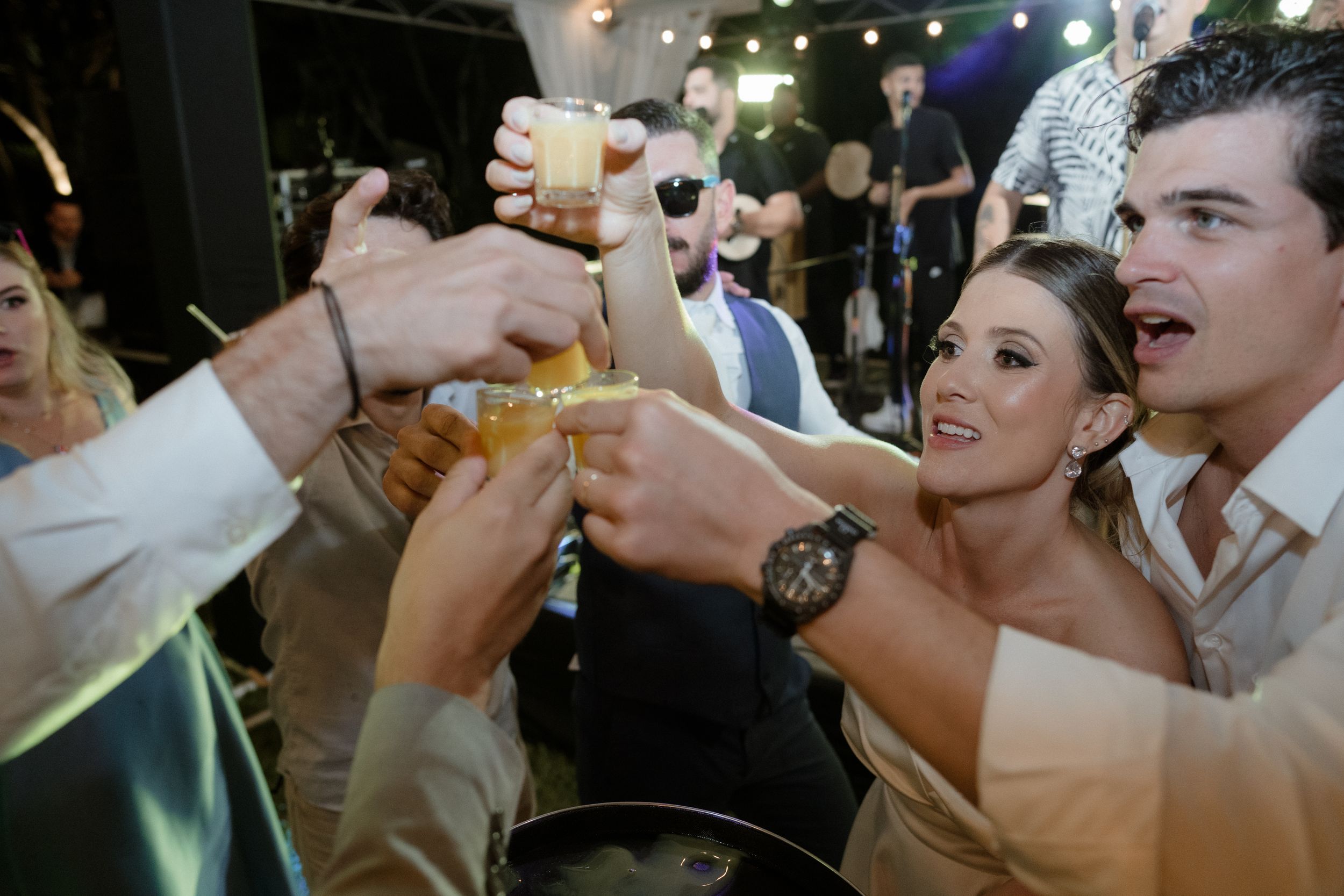 Wedding party raises glasses in celebratory toast during outdoor reception.